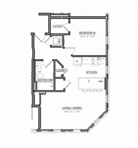 Floor plan for 1 bed, 1 bath, 631 sqft